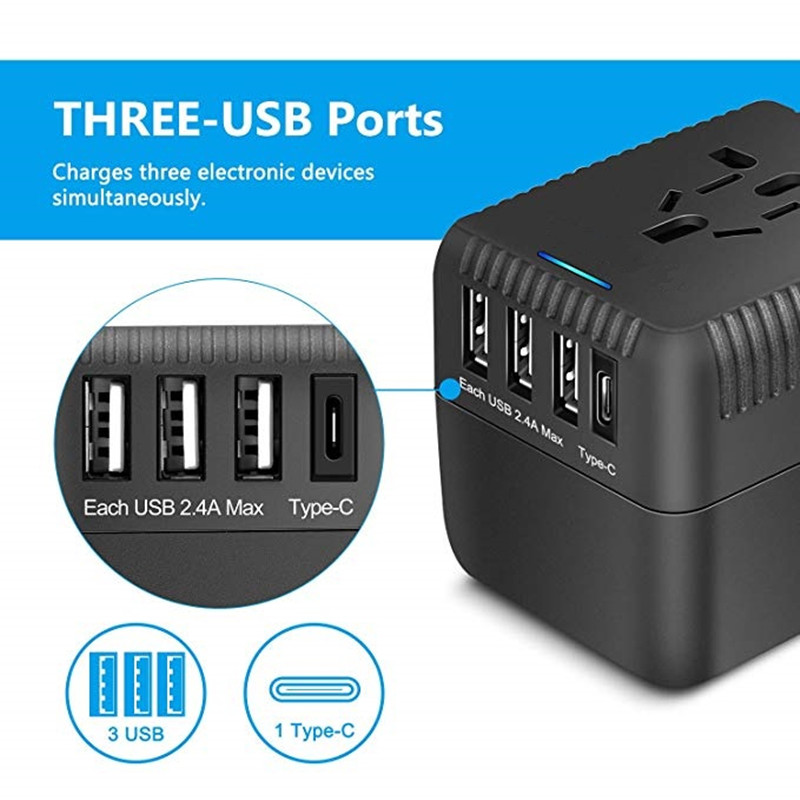 Adaptador universal de viajes rtravel, adaptador internacional integrado de energía eléctrica, con tres puertos de carga USB + 1 C, adaptador Europeo de enchufes, adaptador AC de enchufes, para Europa, los Estados Unidos, el Reino Unido, au 160 + países / regiones