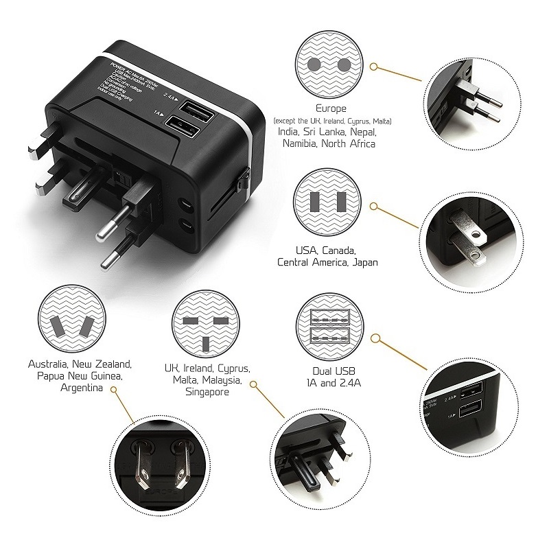 Adaptador de viaje RRTRAVEL, adaptador de corriente internacional universal con 2 puertos USB y adaptador de enchufe europeo, ideal para computadora portátil con teléfono celular en más de 150 países