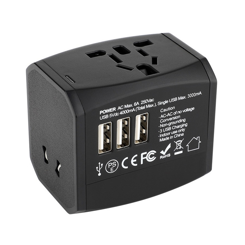 RRTRAVEL Adaptador de viaje universal, Adaptador de alimentación internacional todo en uno con 4A 3 USB, Adaptador europeo Adaptador de viaje Cargador de pared para Reino Unido, UE, AU, Asia Cubre más de 150 países