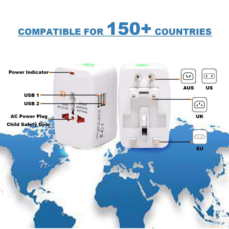 RRTRAVEL 931D Adaptador de corriente para viajes en todo el mundo, Adaptador de viaje universal Adaptador de corriente alterna con puertos USB duales para EE. UU. UE Reino Unido AUS Celular Portátiles Portátiles más de 150 países