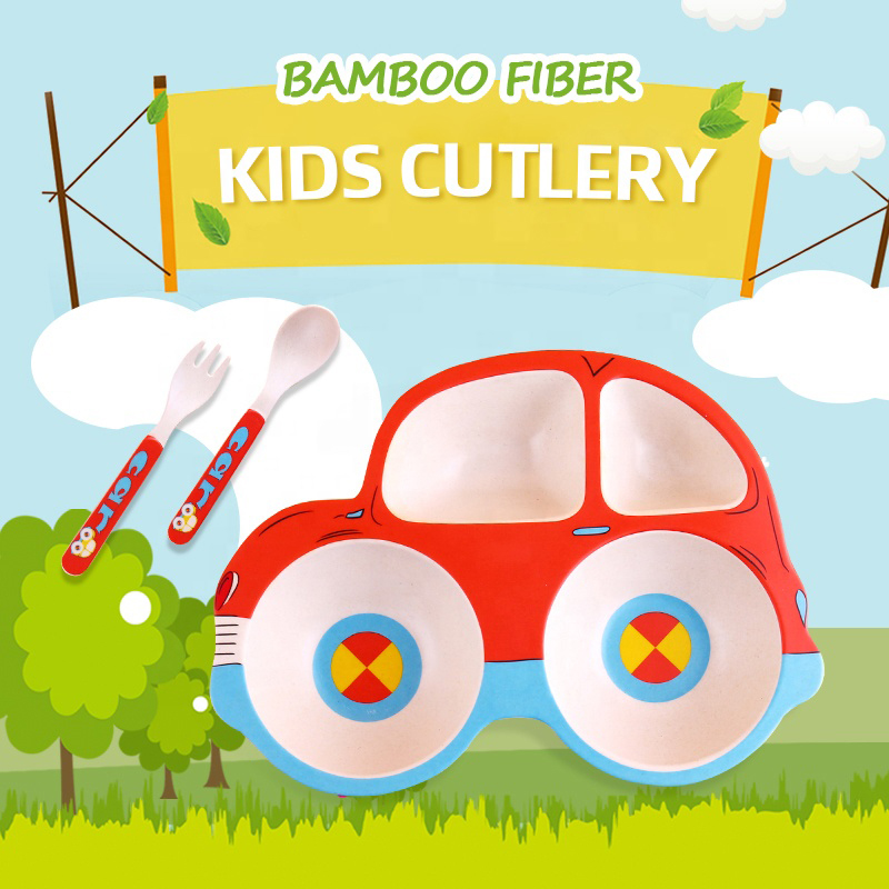 eco friendly niños cubiertos plato tenedor cuchara niños fibra de bambú vajilla