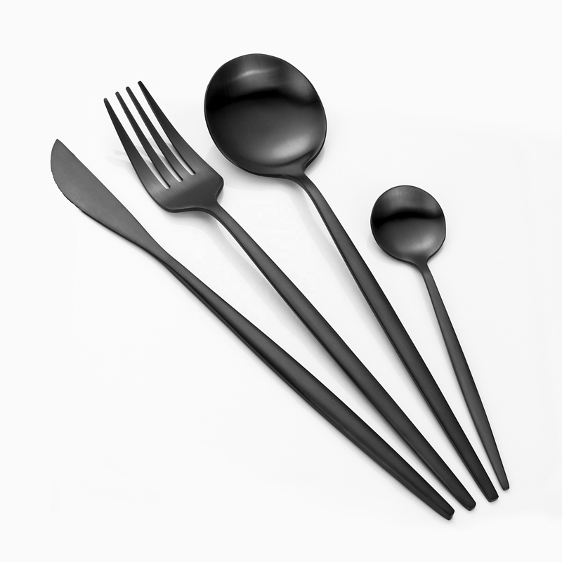 cubiertos modernos reutilizables cubiertos de restaurante de color negro de titanio, juego de cubiertos de metal negro mate de acero inoxidable