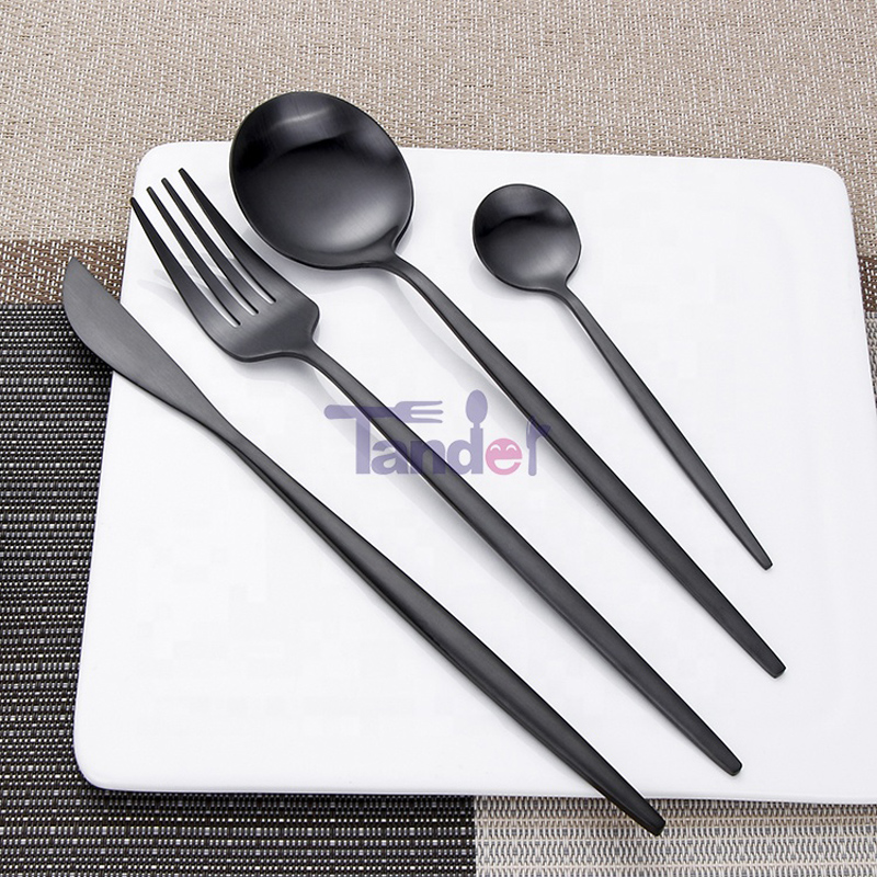 cubiertos modernos reutilizables cubiertos de restaurante de color negro de titanio, juego de cubiertos de metal negro mate de acero inoxidable