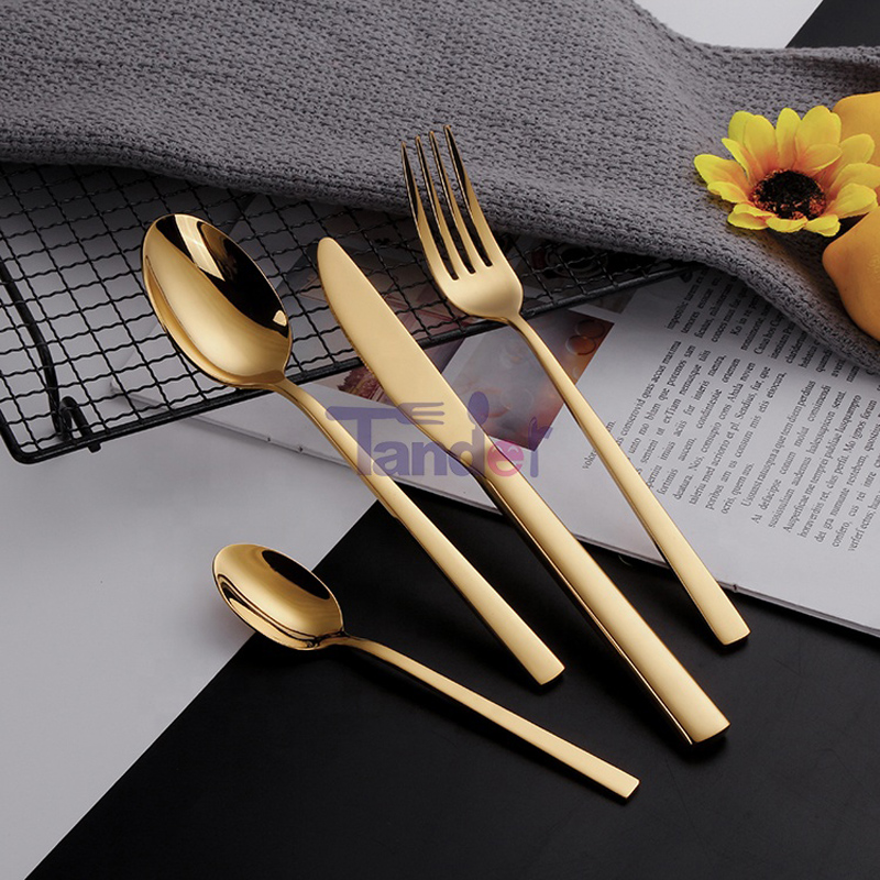 Cuchillo Cuchara Tenedor Juego Cubiertos de oro Brillante Personalizado Metal Acero inoxidable Hotel 24 piezas Juego de cubiertos con estuche