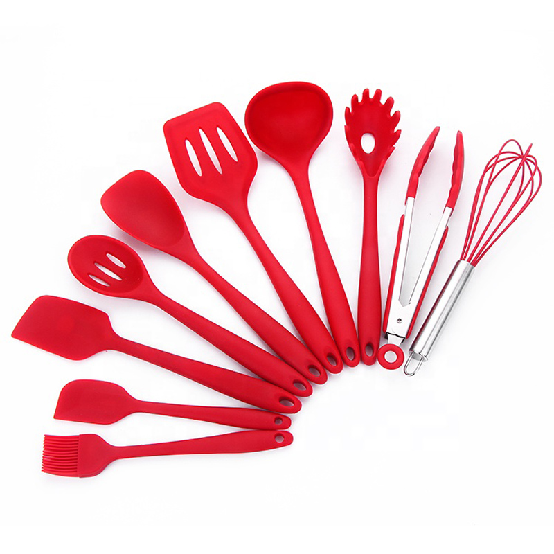 Venta al por mayor Negro Rojo Fácil Limpieza Juego de herramientas de cocina Juego de 10 piezas Utensilio de silicona para cocina