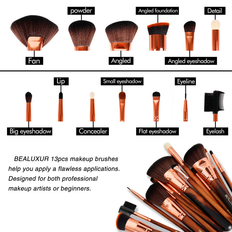 BEALUXUR 13pcs pinceles de maquillaje con bolsa de cuero Kit de cepillo cosmético sintético premium Juego de cepillos ecológicos