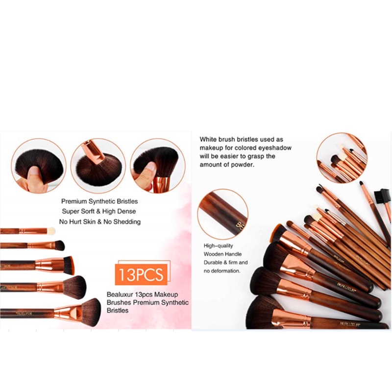 BEALUXUR 13pcs pinceles de maquillaje con bolsa de cuero Kit de cepillo cosmético sintético premium Juego de cepillos ecológicos