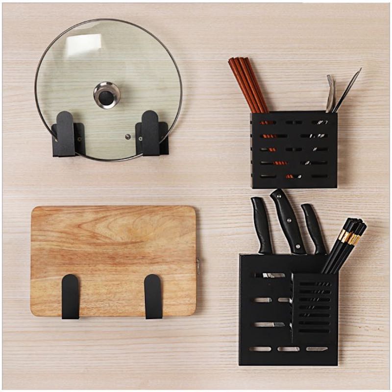 Estante para condimento montado en la pared Soporte para palillos Estante para platos Estante para ollas con estante de cocina de acero inoxidable negro