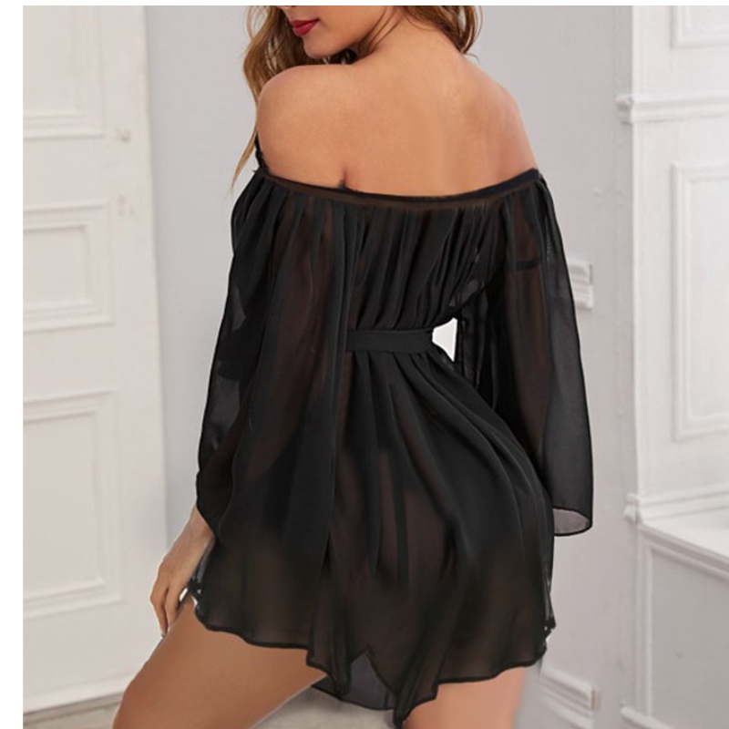 lencería sexy body, lencería sexy chaude transparente, lencería sexy para mujer Sexy transparente de gasa de manga larga con ajuste irregular camisón delgado con tanga