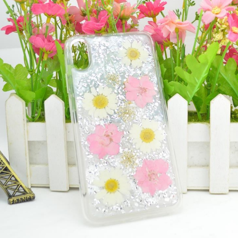IPhone directo del fabricante con adhesivo de gota de lámina de oro verdadera flor seca flor en relieve TPU funda transparente a prueba de roturas de manzana