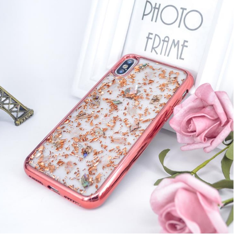 Apple para la venta directa iPhone borde de chapa de lámina de oro, concha de hada colorida carcasa móvil transparente personalizada