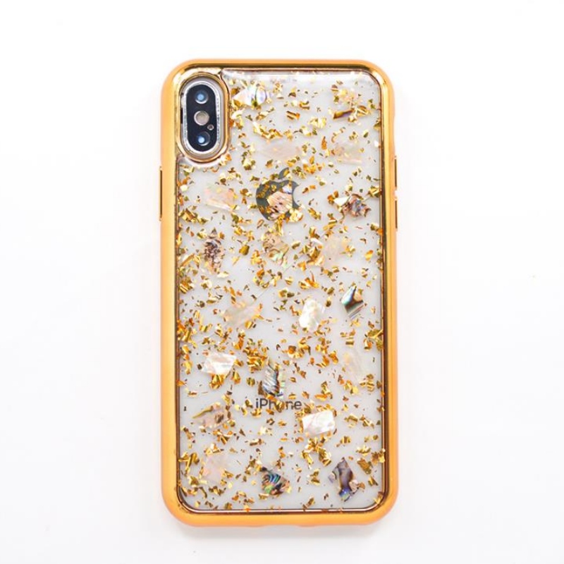 Apple para la venta directa iPhone borde de chapa de lámina de oro, concha de hada colorida carcasa móvil transparente personalizada