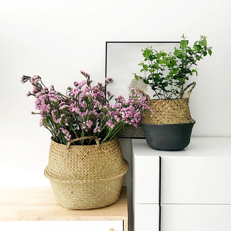 Canasta de vientre de hierba marina tejida con soporte de planta para almacenamiento