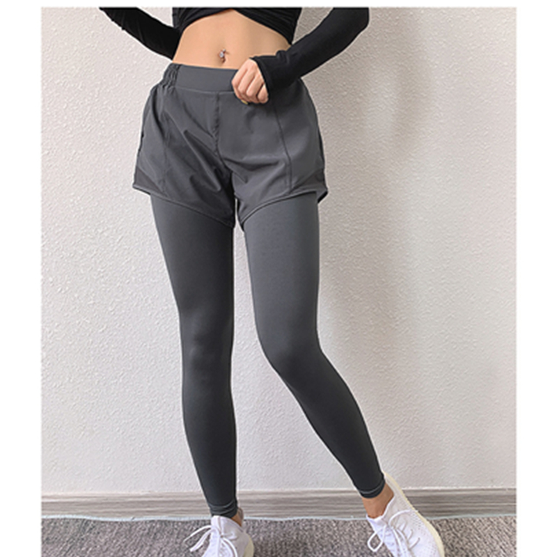 Pantalones de yoga falsos de dos piezas para entrenamiento de estiramiento alto y alto