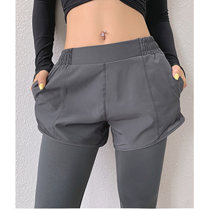 Pantalones de yoga falsos de dos piezas para entrenamiento de estiramiento alto y alto