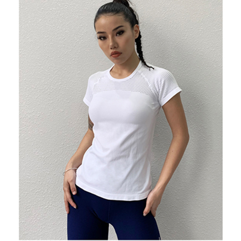 Blusa transpirable de verano de diseño hueco tallado entrenamiento delgado yoga movimiento manga corta