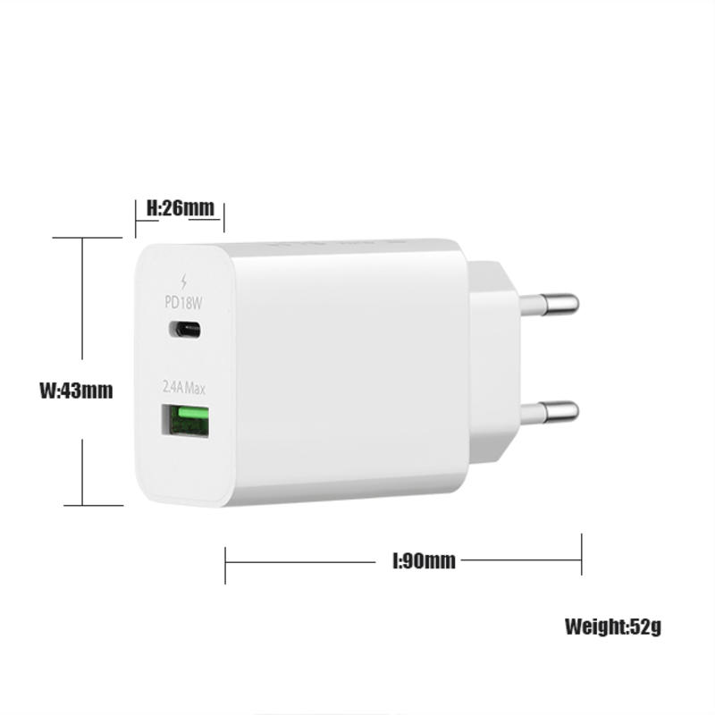 18W QC 3.0 + 2.4A Adaptador Tipo-c Adaptador de cargador de viaje de pared USB Cargador rápido de teléfono móvil Cargadores USB de múltiples puertos