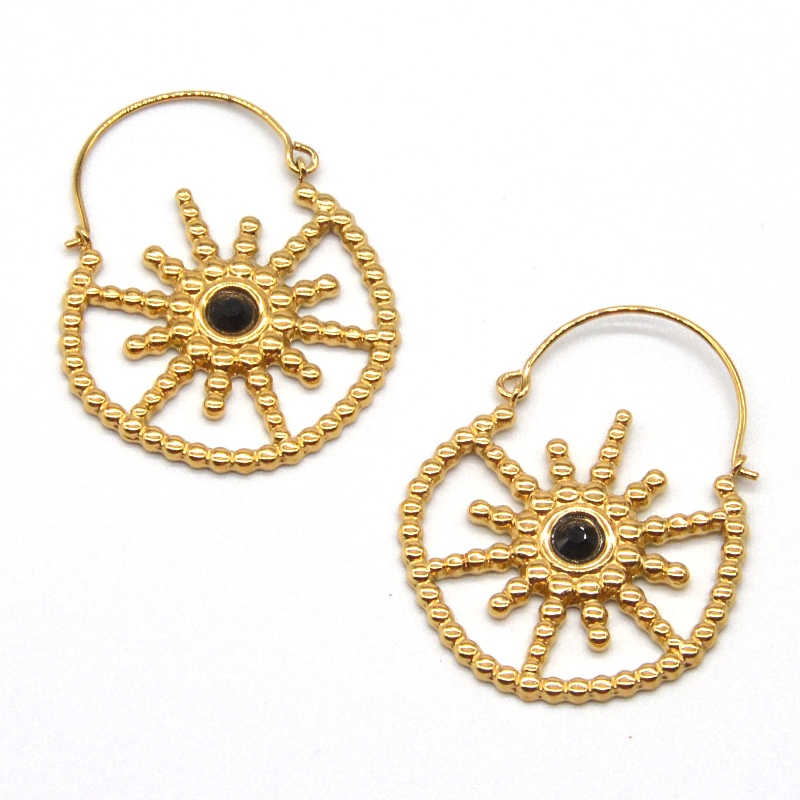 Joyería chapada en oro para mujer estilo bohemio pendientes de ágata negra floral vintage China Ruifanbao fábrica de procesamiento de joyas