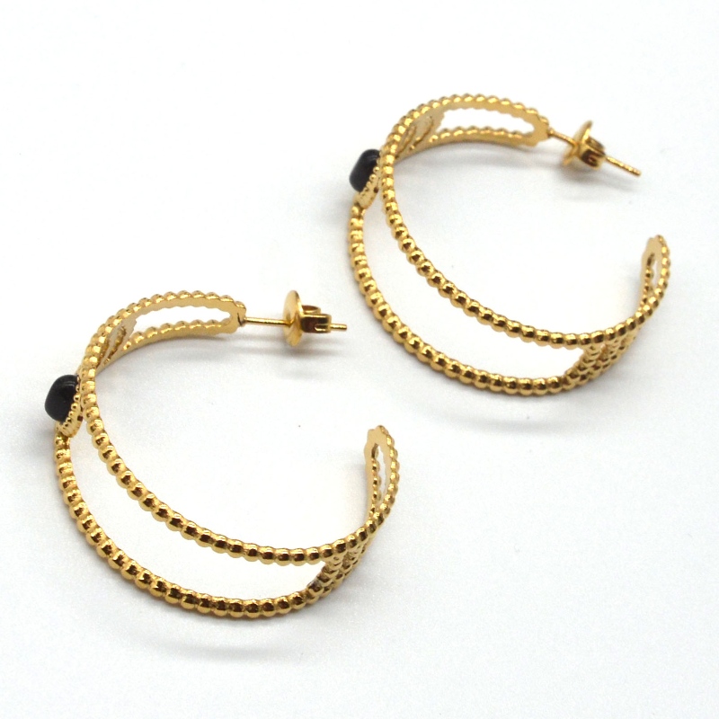 Pendientes de aro de oro, pendientes de aro en forma de C, ágata negra, orejas sensibles femeninas, joyas hipoalergénicas, fábrica de procesamiento de joyas de China Ruifanbao