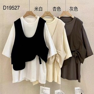 Diseño holgado Estilo minimalista de cuello redondo Estilo de manga cosida Casual Algodón y lino de color sólido de gran tamaño personalizados 19527 Camisetas + Chalecos