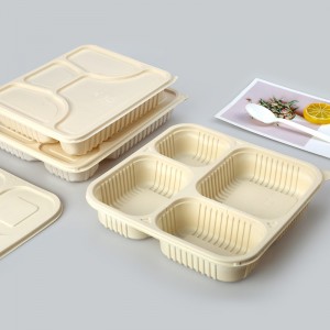 Diseño de cuatro compartimentos Contenedor de alimentos de almidón de maíz biodegradable Calefacción para microondas Envasado de alimentos para llevar Fiambrera