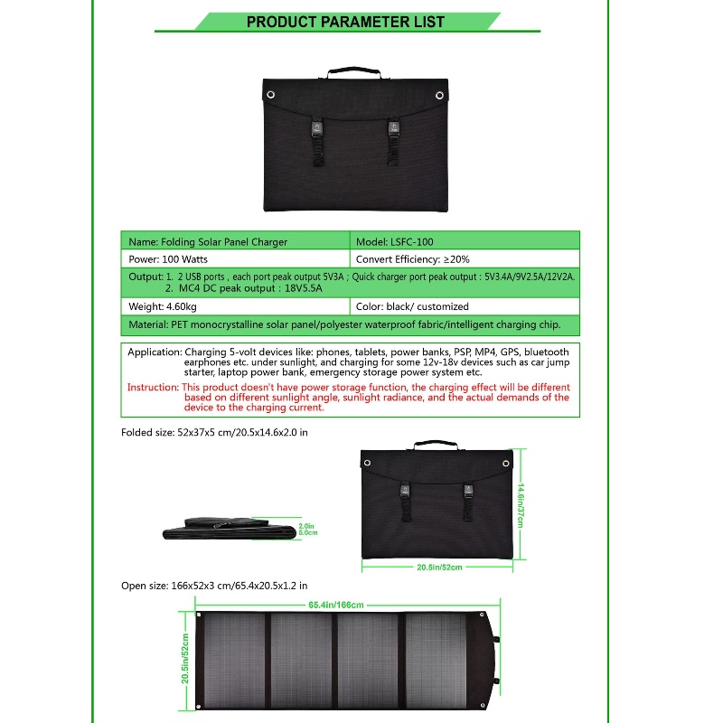Bolsa plegable solar de 100 W
