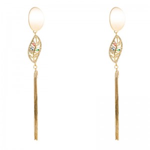 Pendientes de tendencia de moda europea y americana, pendientes populares femeninos, cobre micro-incrustado zircon tassel largo aretes de hoja