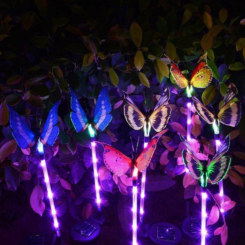 Cambio de multicolor LED Jardín Luces solares de fibra óptica mariposa luces decorativas jardín luces de estaca solar