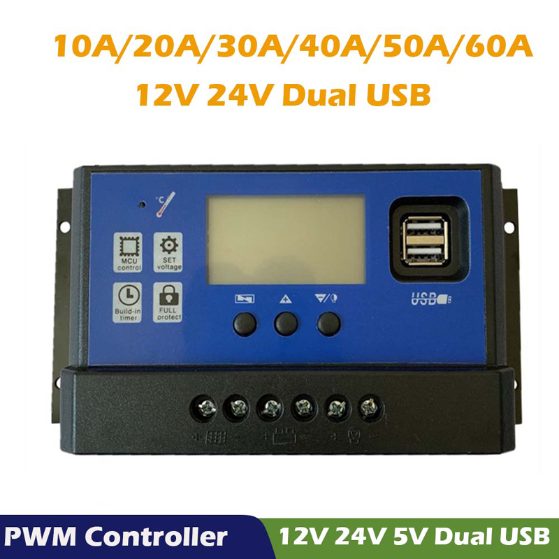 Controlador de cargador solar PWM 60A 50A 40A 30A 20A 10A 12V CARGADOR DE BATERÍA LCD LCD DUAL DUAL USB Panel solar Regulador MAX 50V PV INPUT