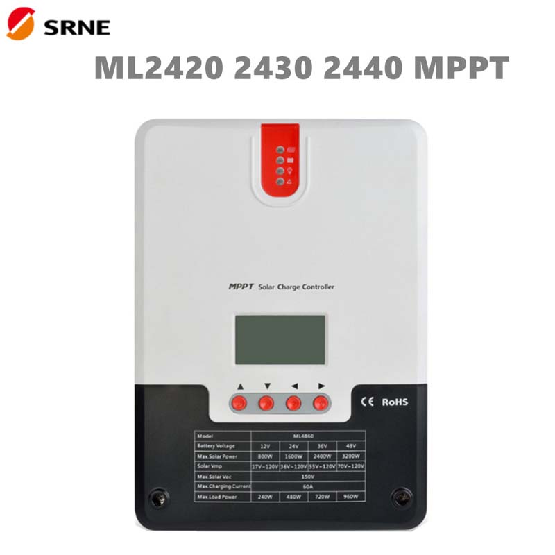 SRNE MPPT Controlador de carga solar 20A 30A 40A 12V24V LCD MAX100V Panel de soalr regulador para la batería de iones de litio de gel de plomo sin cuadrícula