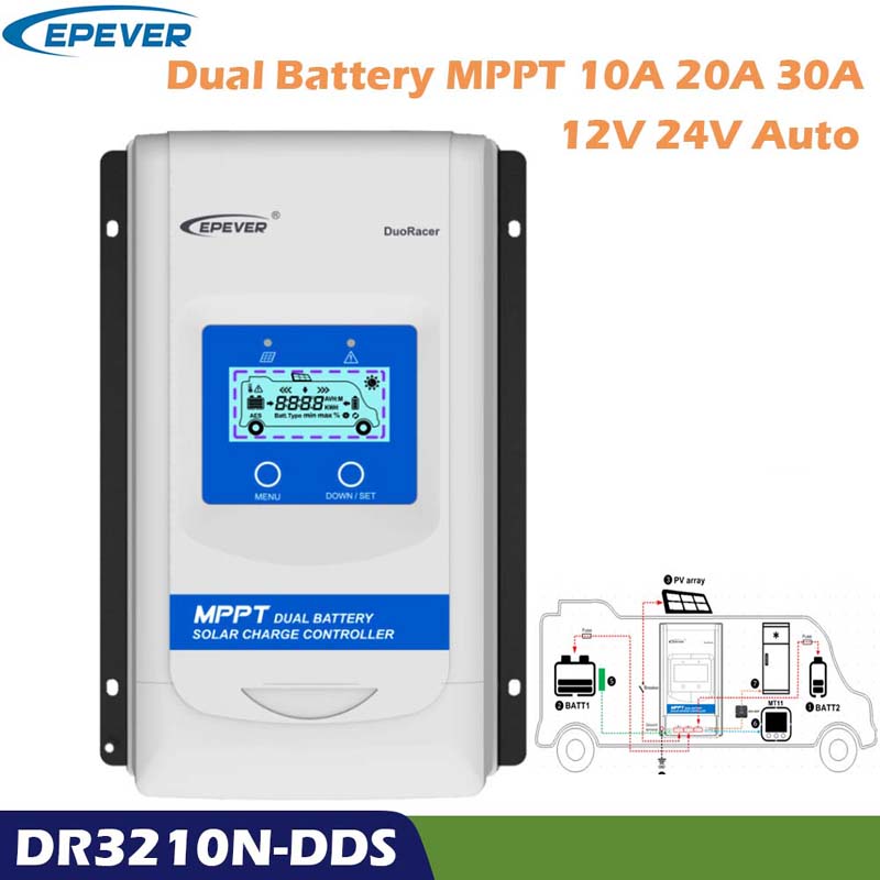 EPEVER DUORACER MPPT 10A 20A 30A Cargador solar y controlador de descarga 12V 24V regulador de batería dual automática para barco de campista RV