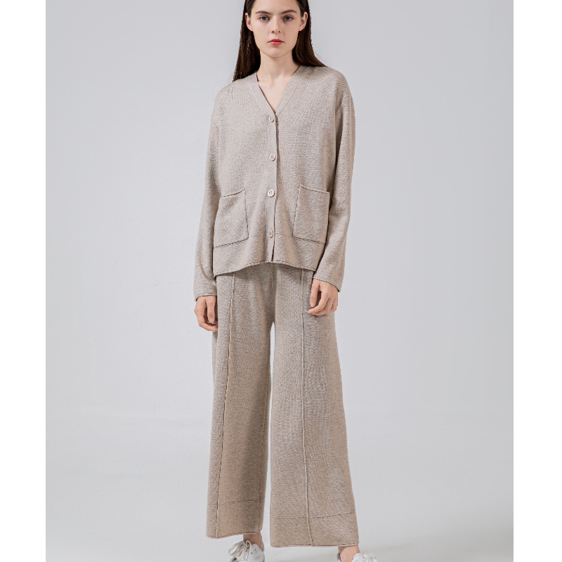 Moda casual simple suéter de lana simple dos pieza pequeña cardigan conjunto 69059#