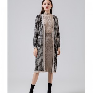 Fashionable Casual Joker QianbirdCheck Wool tejido largo Cardigan abrigo 69069#