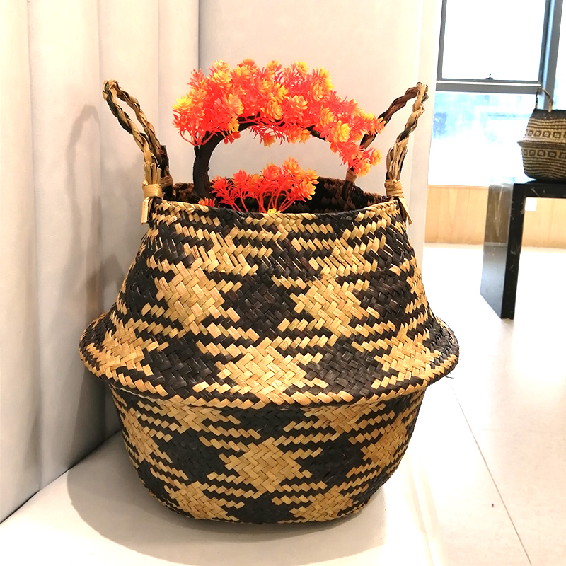 Cesta de almacenamiento de algas marinas Hecho a mano Mimbre Ratán Hierba Jardín Flowerpot Cuello Patrón Maceta Flowerpot