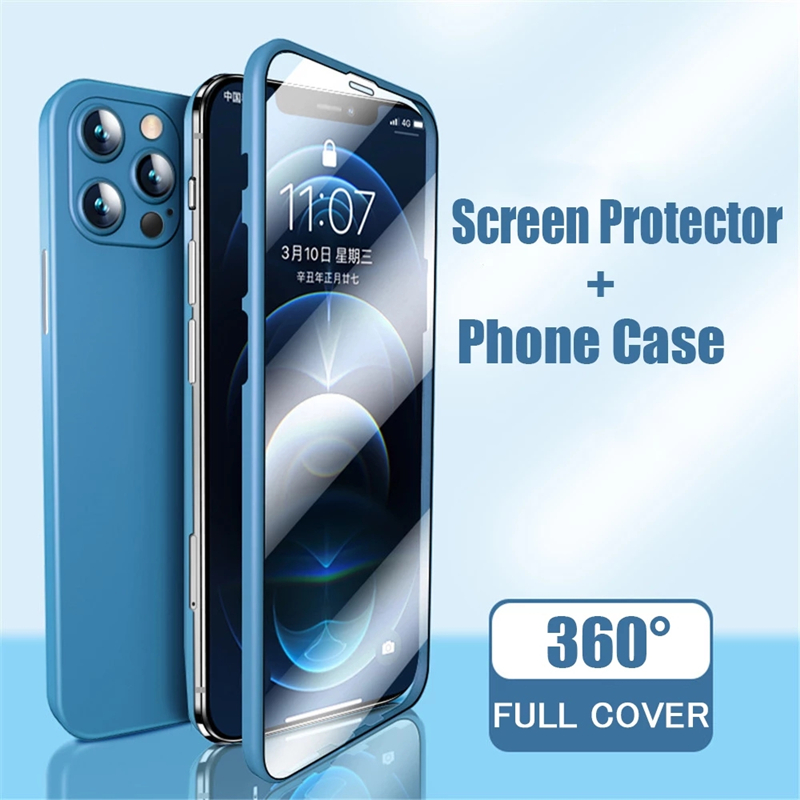 Lanueva caja de teléfono completo de 360 ​​con protector de pantalla Cubierta de pantalla integrada Película de vidrio para iPhone 12 Pro Max