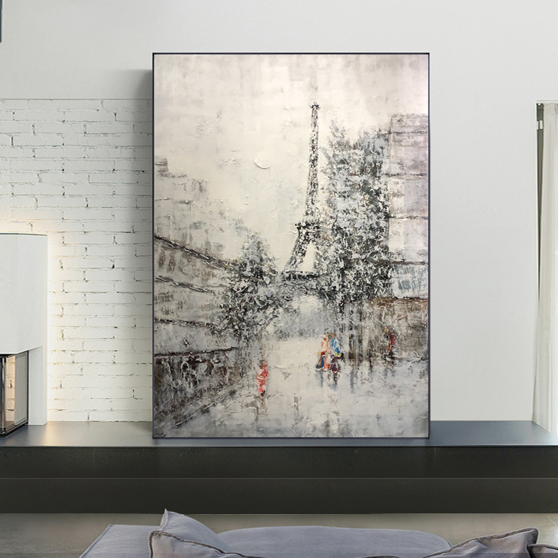 Nuevo producto Pintado a mano Trabajo de arte moderno Estilo abstracto Pared Eiffel Paisaje Decoración Pintura al óleo