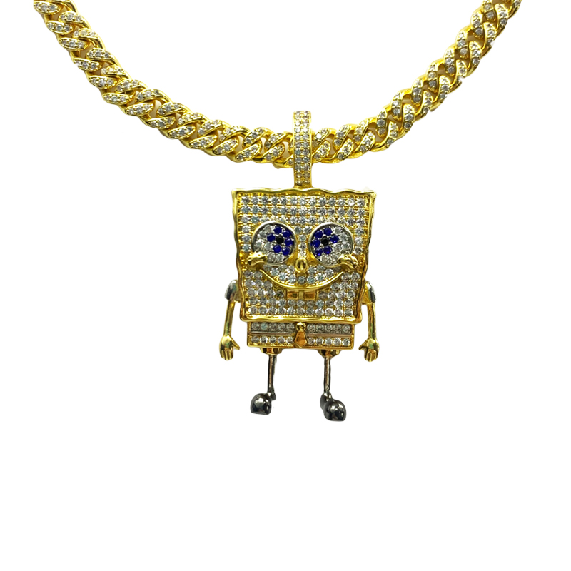 Moda de dibujos animados Spongebob Squarepants con incrustaciones de zircon colgante Hip Hop Street Tendent Skillace