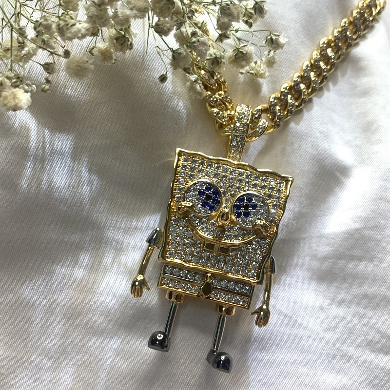 Moda de dibujos animados Spongebob Squarepants con incrustaciones de zircon colgante Hip Hop Street Tendent Skillace