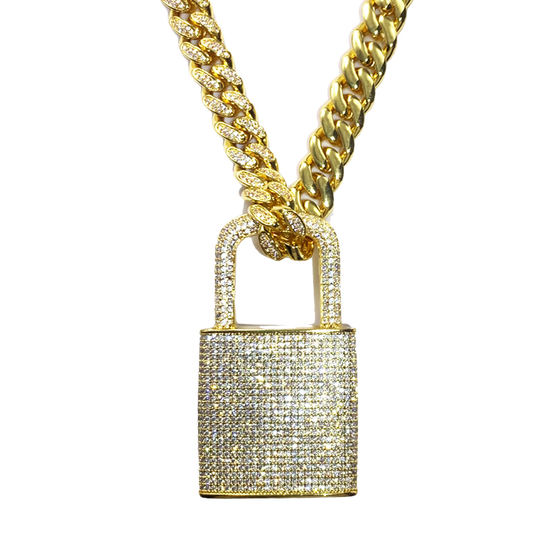 BRASS MENS CHEP COBRE COLGANTE ICED OUT CUBICO Zircon Diamante Candado Candado Collar