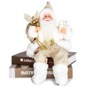 12 pulgadas sentada Golden Santa Claus Figurine con bolsa de regalo Hojas y caja con zapatos blancos Decoraciónnavideña de vacaciones