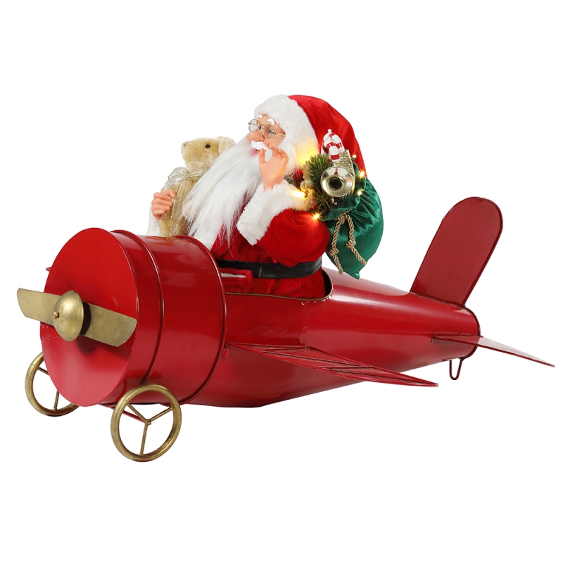 80 cm Navidad Musical Animado Santa Claus Sentado Avión Rojo Decoración Figurine Classic Holiday Ornament Regalos Colección