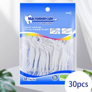 30 Picks Macromolécula de alta calidad Fibra de polietileno Stock al por mayor OEM Etiqueta privada Bolsa Dental Floss Pick
