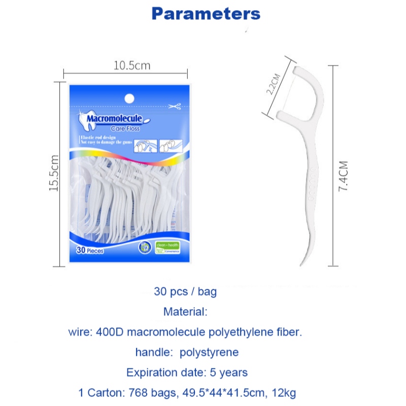 30 Picks Macromolécula de alta calidad Fibra de polietileno Stock al por mayor OEM Etiqueta privada Bolsa Dental Floss Pick