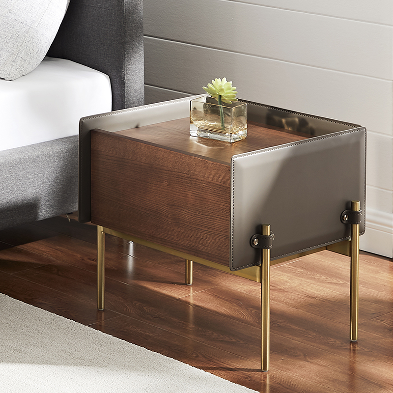 Mesa moderna de lanoche de cuero de madera de maderanatural de la mesita denoche con la pierna de acero inoxidable
