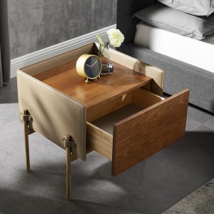 Mesa moderna de lanoche de cuero de madera de maderanatural de la mesita denoche con la pierna de acero inoxidable