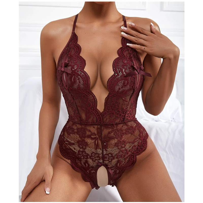Cabestro encaje atractivo encaje sin espalda una pieza sexy lencería decoración de encaje