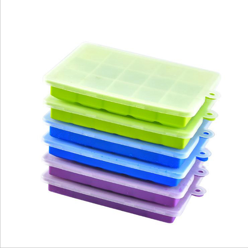 BPA Free 15-cavidades silicona con cubierta para fabricantes de hielo molde de forma cuadrada de silicona molde de hielo bandejas de cubos de hielo