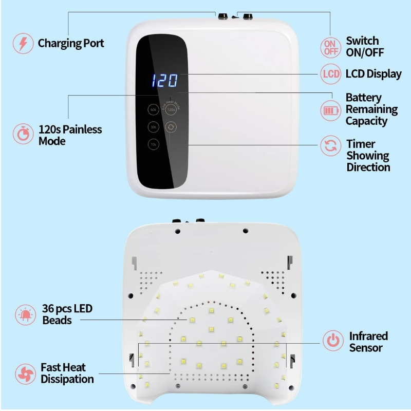 M&r 602pro lámpara de uñas LED inalámbrica, secador de uñas inalámbrico, luz de uñas LED recargable de 72W, lámpara de uñas LED de gel UV de gel portátil con 4 sensores de ajuste de temporizador y pantalla LCD, lámpara de uñas LED profesional para esmalte de gel