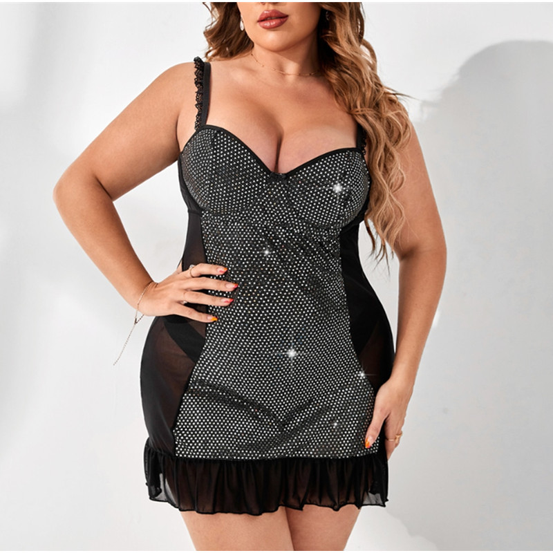 Contrast Sequine Sexy Nightwear Suprender Falda con adornos volados