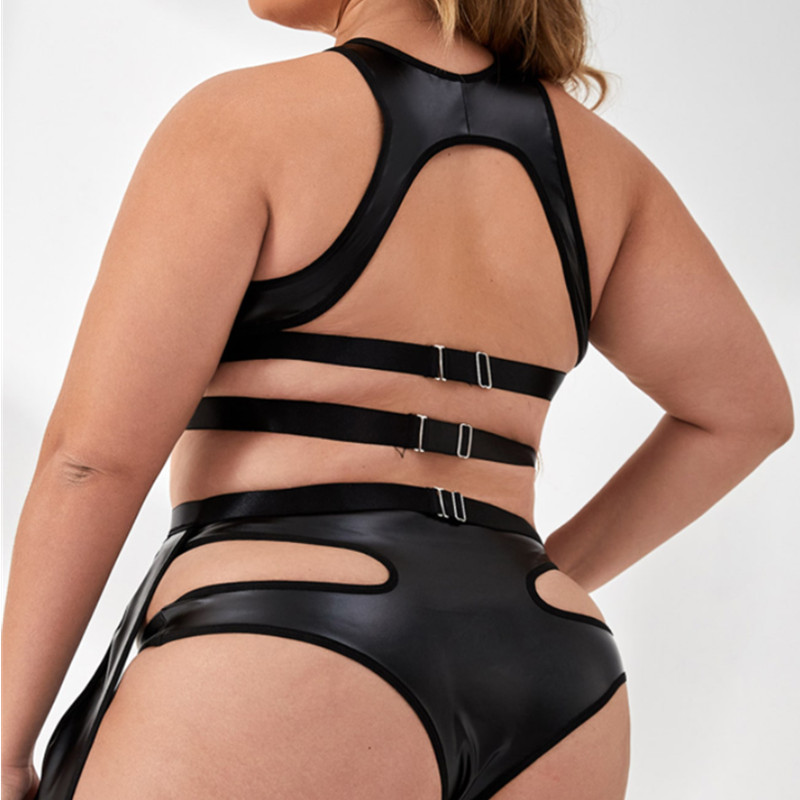 Detalles de recorte sólidos PU Garter Lingerie Set Cool Pu Teddies y Bustiers